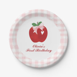 Plato De Papel Cumpleaños 1 de Coquette preppy Apple Pink Bow