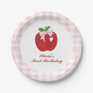 Plato De Papel Cumpleaños 1 de Coquette preppy Apple Pink Bow