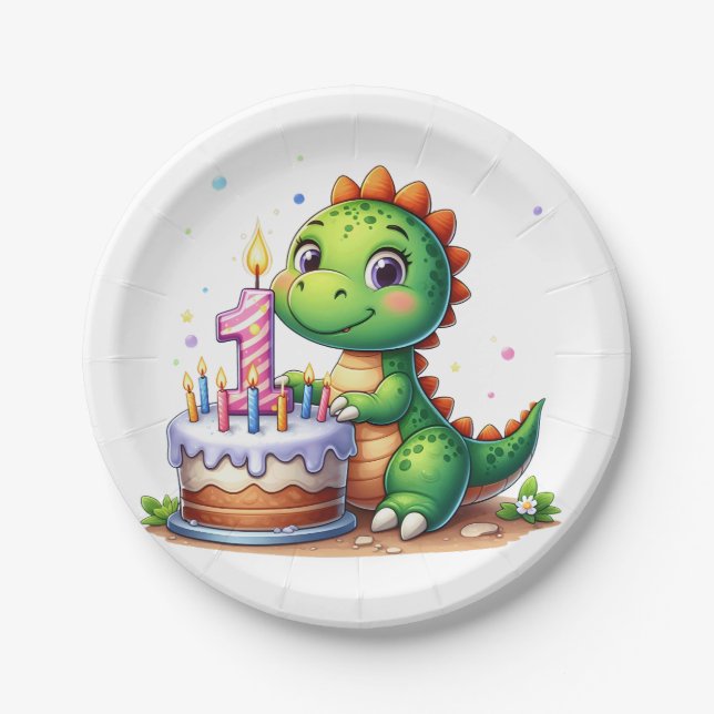Plato De Papel Cumpleaños 1 de Dino (Anverso)