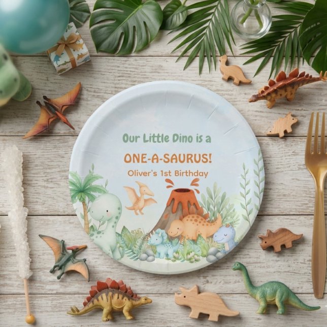 Plato De Papel Cumpleaños 1 de Dinosaurio Uno-A-Saurus  (One-A-Saurus Dinosaur 1st Birthday  Paper Plate)
