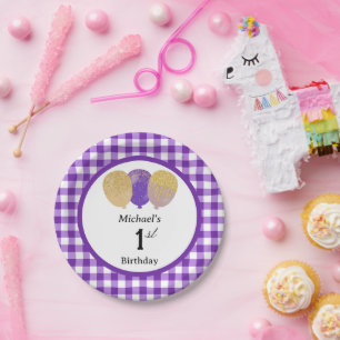 Plato De Papel Cumpleaños 1 de Gingham Morado y Globos