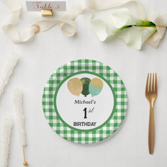 Plato De Papel Cumpleaños 1 de Green Gingham y Globos (Boda)