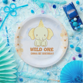 Plato De Papel Cumpleaños 1 del Elefante Lindo Salvaje 