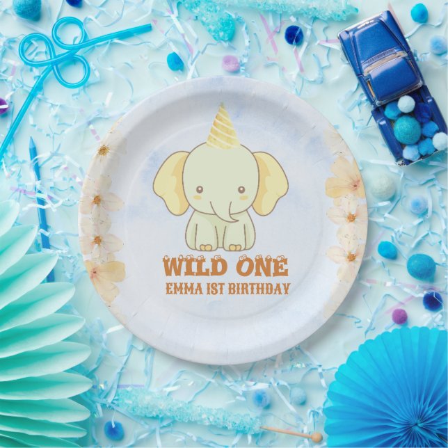 Plato De Papel Cumpleaños 1 del Elefante Lindo Salvaje  (Fiesta)