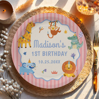 Plato De Papel Cumpleaños 1 salvaje y lindo de animales de safari