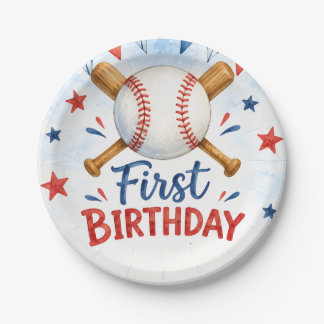 Plato De Papel Cumpleaños 1er de béisbol acuarela