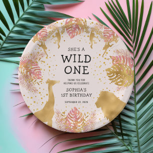 Plato De Papel Cumpleaños 1er de Niñas Safari de la Jungla Rosa