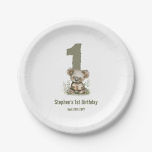 Plato De Papel Cumpleaños 1er Koala Bear Verde Salvia