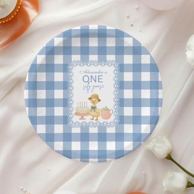 Plato De Papel Cumpleaños 1er Silly Goose Gingham Azul (Subido por el creador)