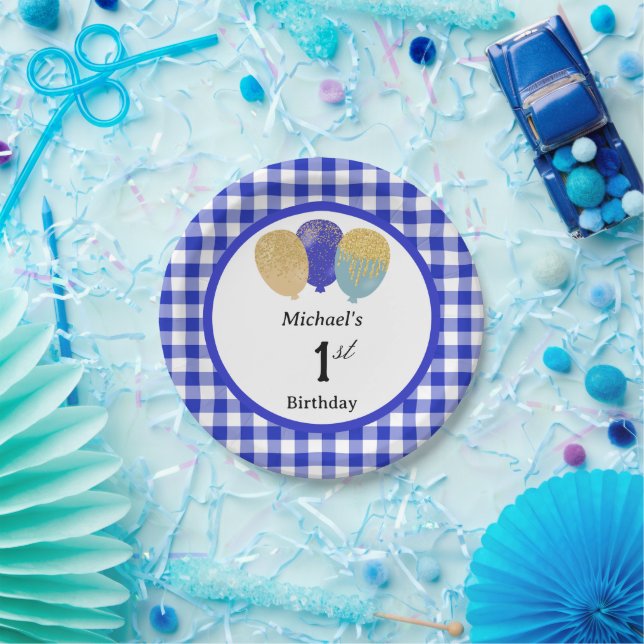 Plato De Papel Cumpleaños 1st Blue Gingham & Globos  (Fiesta)