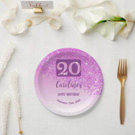 Plato De Papel Cumpleaños 20 Fiesta Brillo Rosa Glitter