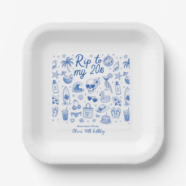 Plato De Papel cumpleaños 20s azul de playa personalizado dibujad (Anverso)