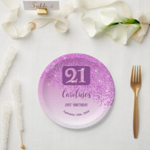 Plato De Papel Cumpleaños 21 Brillante Rosa Glitter