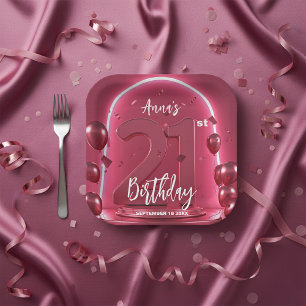 Plato De Papel Cumpleaños 21 de Moda Chic Vibrante Rosa Neon