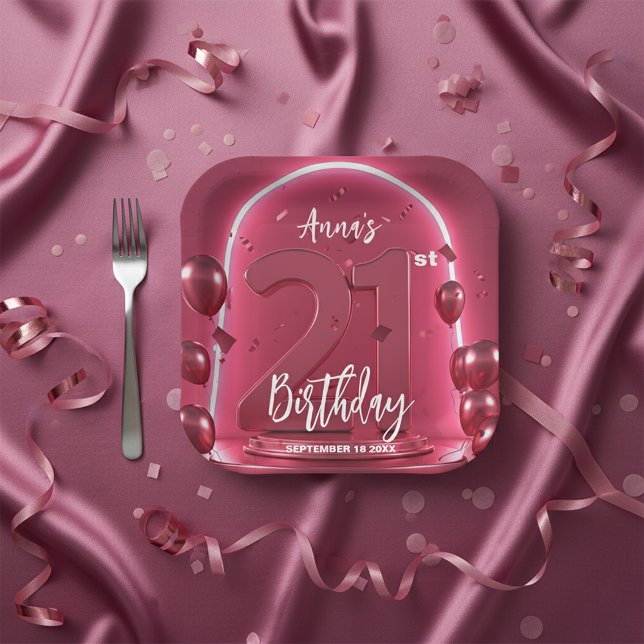 Plato De Papel Cumpleaños 21 de Moda Chic Vibrante Rosa Neon (Subido por el creador)