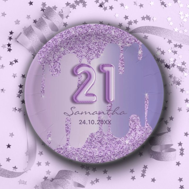 Plato De Papel Cumpleaños 21 morado con gotas de brillo (Subido por el creador)