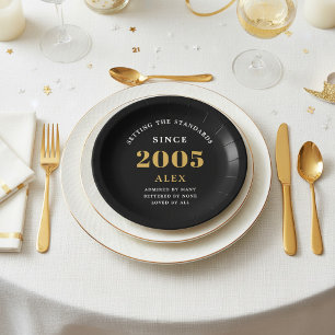 Plato De Papel Cumpleaños 21 Nombre 2005 Negro Oro Elegante Chic