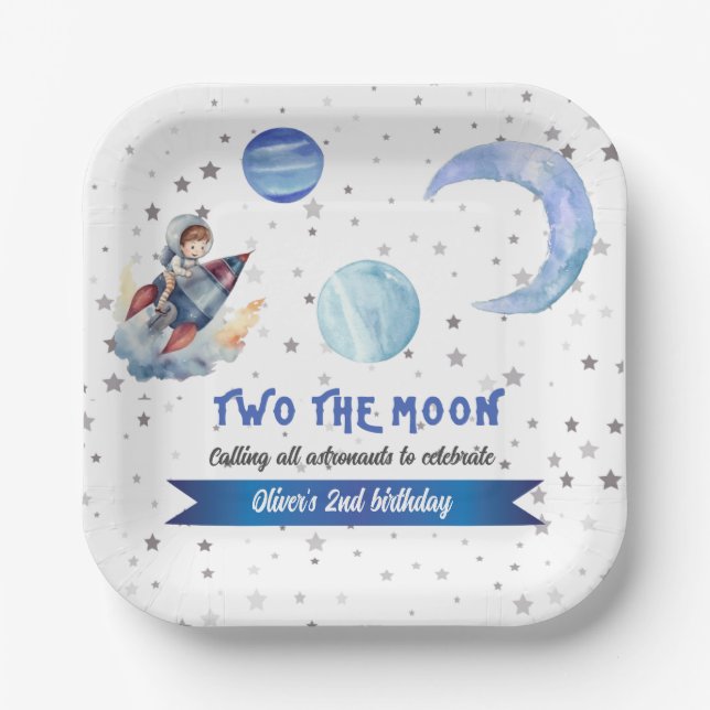 Plato De Papel Cumpleaños 2 Rocket Space Blue Boy Dos a la Luna  (Anverso)