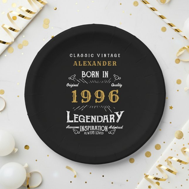 Plato De Papel Cumpleaños 30 1996 Legendario Retro (1996 black paper plate on a white and gold background)