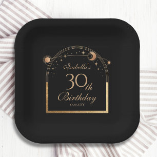 Plato De Papel Cumpleaños 30 Celeste Negro Oro Sol Luna Estrellas