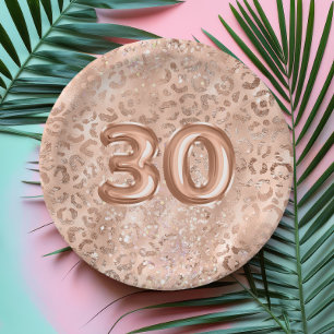 Plato De Papel Cumpleaños 30 Chic Rosa Dorado Estampado Leopardo