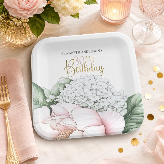 Plato De Papel Cumpleaños 30 con Floral Rosa Rubor  (Blush pink peony 30th birthday paper plate)