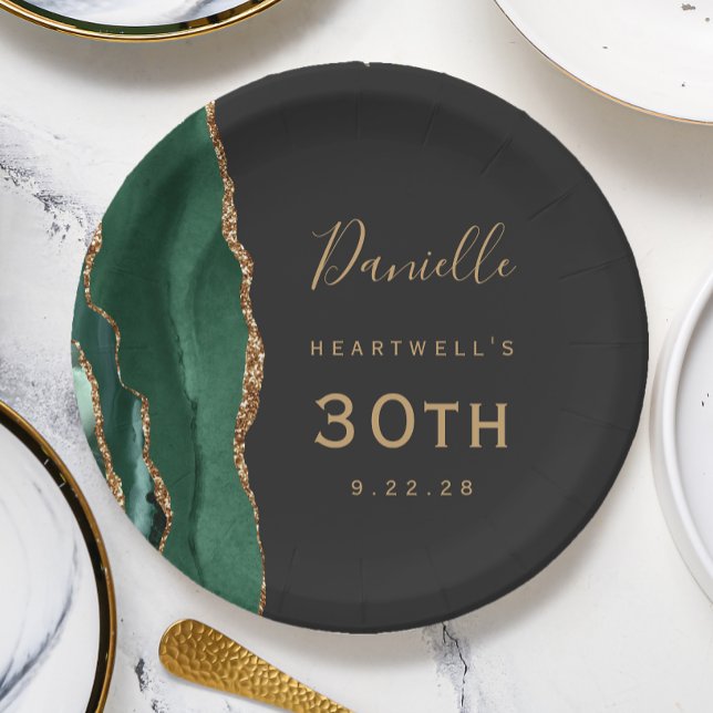 Plato De Papel Cumpleaños 30 Emerald Green Agate Marble Gold Oscu (Subido por el creador)