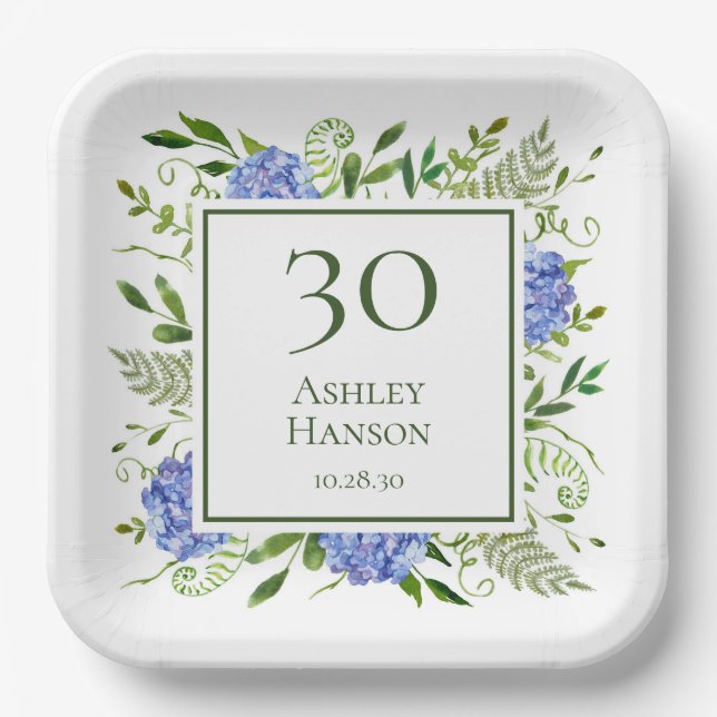 Plato De Papel Cumpleaños 30: Hortensias Azules (Anverso)