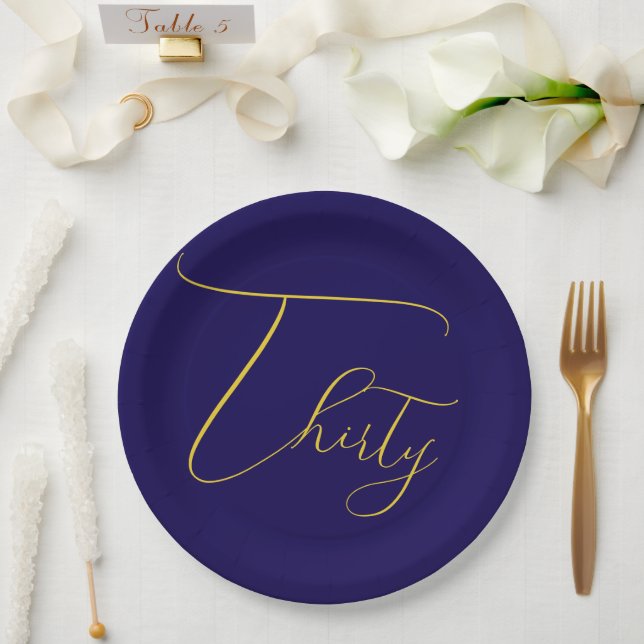 Plato De Papel Cumpleaños 30 Navy Blue & Faux Gold Foil  (Boda)
