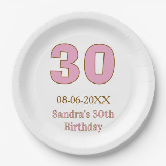 Plato De Papel cumpleaños 30 negrita rosa nombre fecha simple mi