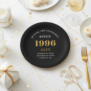 Plato De Papel Cumpleaños 30 Nombre 1996 Negro Oro Elegante Chic