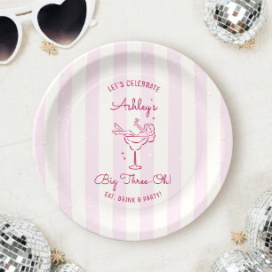 Plato De Papel Cumpleaños 30 Retro Chic Rosa Tinta a Mano Cóctel