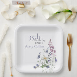 Plato De Papel Cumpleaños 35 Elegante Acuarela Floral de Flor Sil