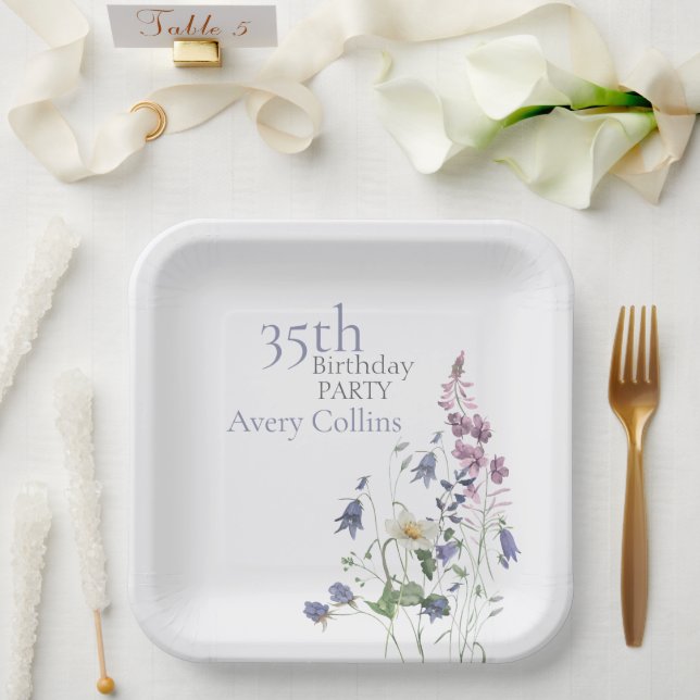 Plato De Papel Cumpleaños 35 Elegante Acuarela Floral de Flor Sil (Boda)