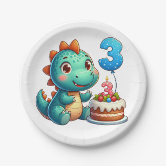 Plato De Papel Cumpleaños 3 de Dino