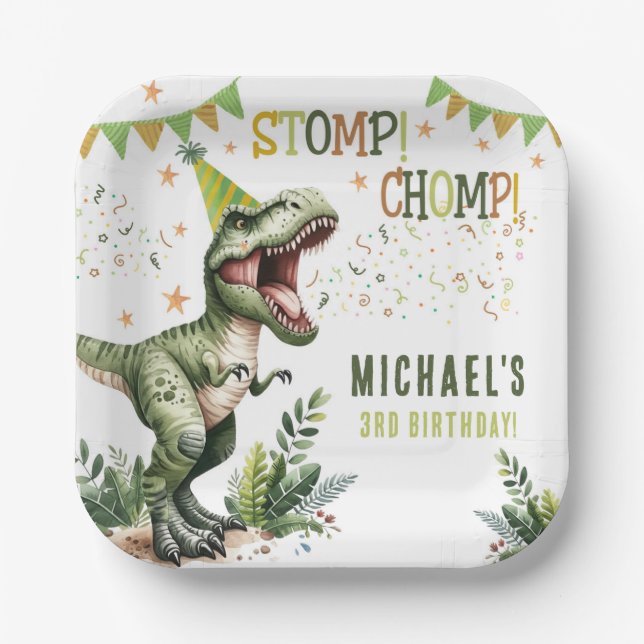 Plato De Papel  Cumpleaños 3 de Dinosaurio Tres Rex  (Anverso)
