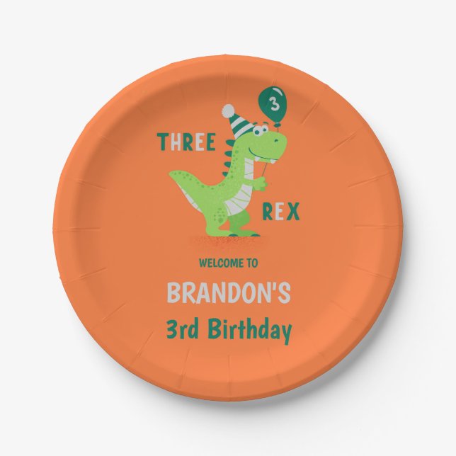 Plato De Papel Cumpleaños 3 del Dinosaurio Tres Rex (Anverso)