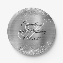 Plato De Papel Cumpleaños 40 con brillo y lámina de plata falsa