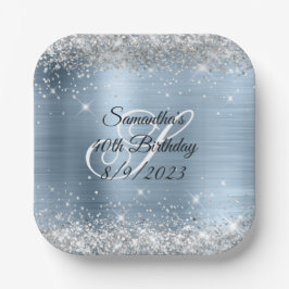 Plato De Papel Cumpleaños 40 de Purpurina Plateada Foil Azul Clar
