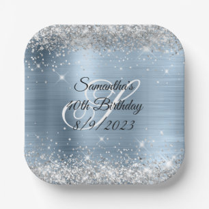 Plato De Papel Cumpleaños 40 de Purpurina Plateada Foil Azul Clar