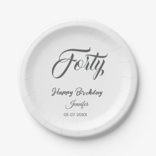 Plato De Papel cumpleaños 40 letra cuarenta nombre fecha año gris