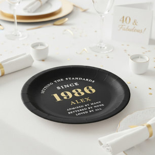 Plato De Papel Cumpleaños 40 Nombre 1986 Negro Oro Elegante Chic