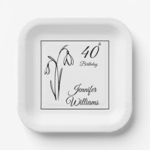 Plato De Papel Cumpleaños 40 Snowdrop Floral Negro Y Blanco