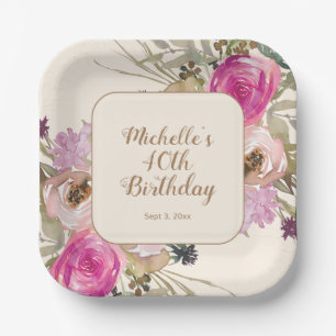 Plato De Papel Cumpleaños 40 suave floral acuarela rosa púrpura