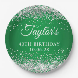 Plato De Papel Cumpleaños 40 Verde Brillo Plateado