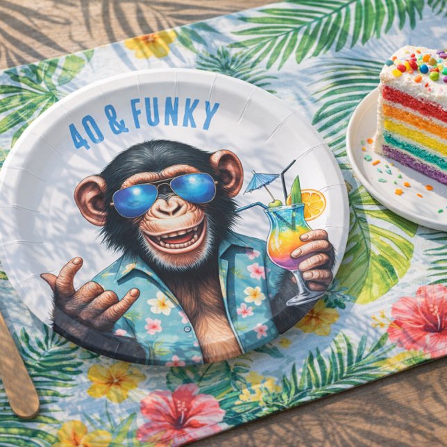 Plato De Papel Cumpleaños 40 y Funky del mono de verano (40 and Funky Summer Monkey 40th Birthday Paper Plates)