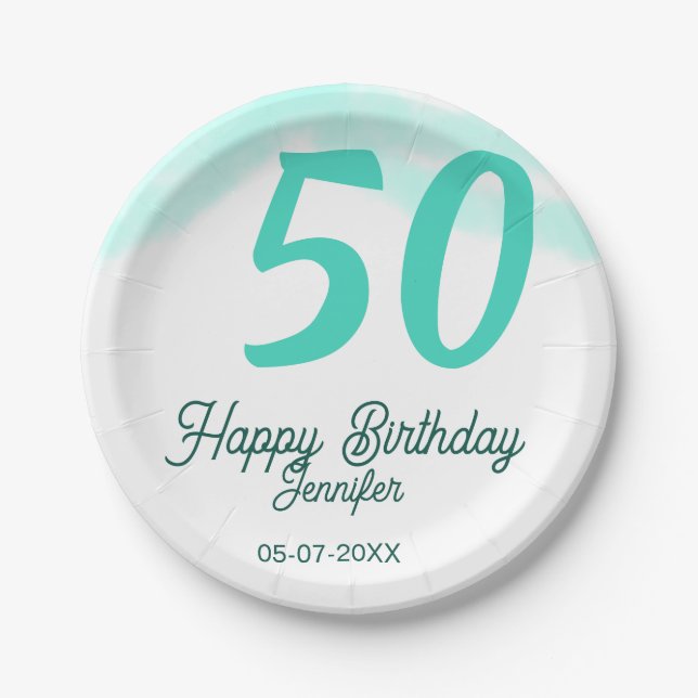 Plato De Papel cumpleaños 50 agregar nombre fecha año verde paste (Anverso)