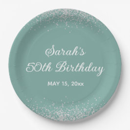 Plato De Papel Cumpleaños 50 Aqua Mint Plata Glitter Diamante