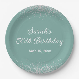 Plato De Papel Cumpleaños 50 Aqua Mint Plata Glitter Diamante