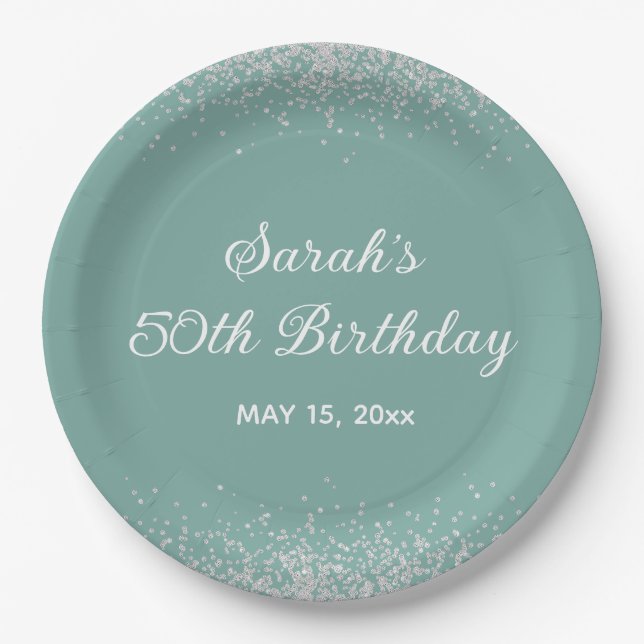 Plato De Papel Cumpleaños 50 Aqua Mint Plata Glitter Diamante (Anverso)
